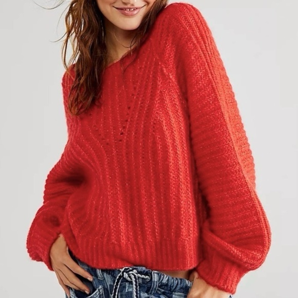 Free People Carter Knit Pullover Chunky Red Crew Neck Oversized Sweater Top S/M